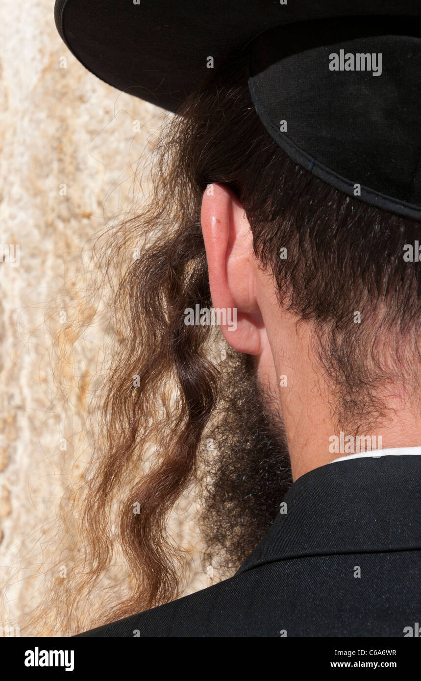 close up of orthodox Jew praying at western wall. Jerusalem. israel Stock Photo