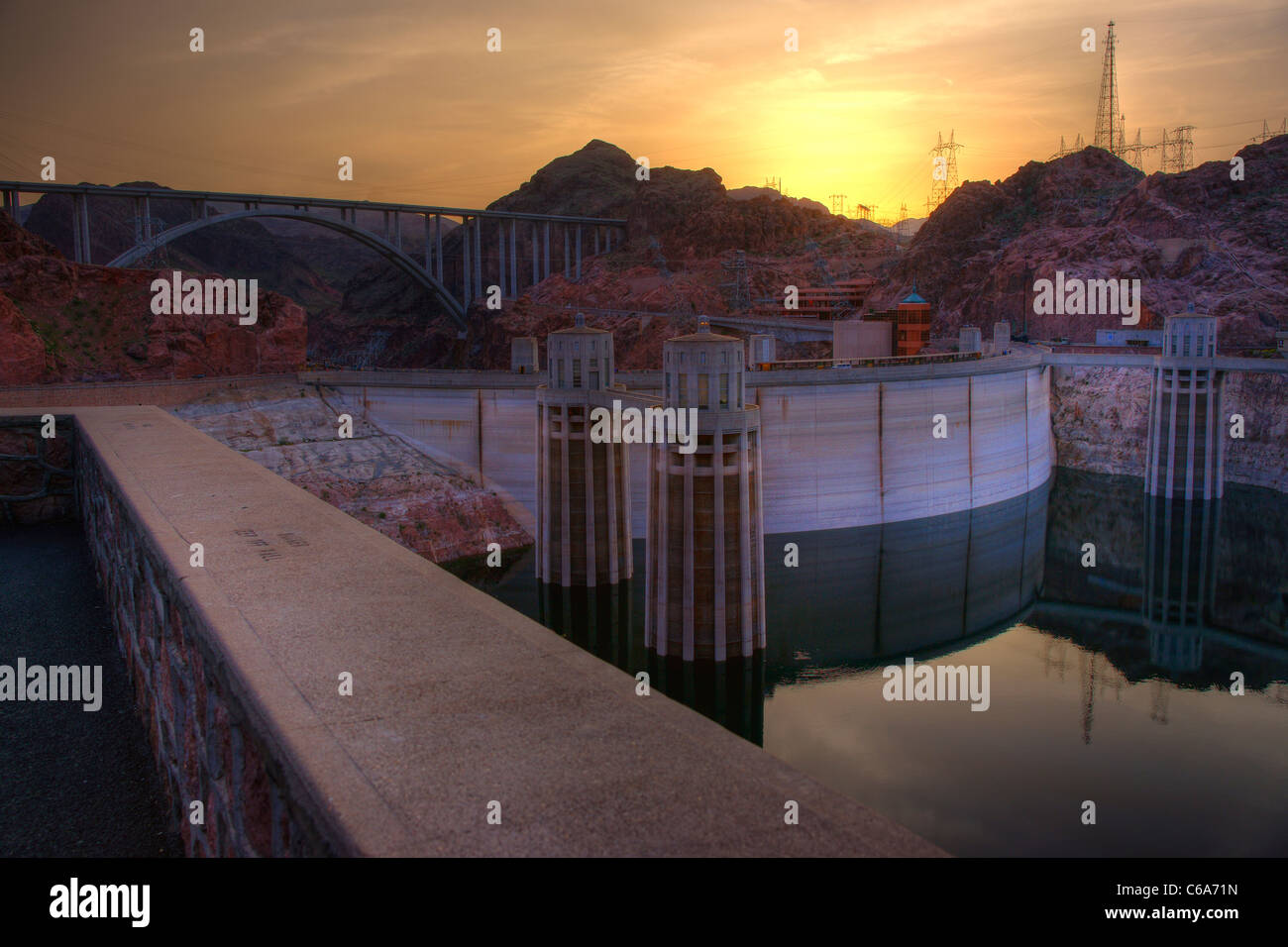 Hoover Dam and the new Mike O’Callaghan – Pat Tillman Memorial bridge at sunset. Stock Photo