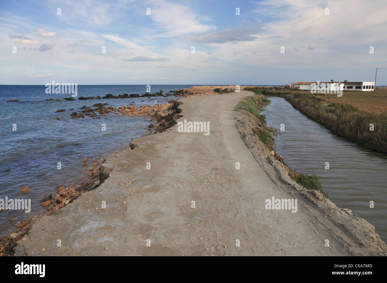 Coastal road to Punta del Fangar. Ebro Delta. Tarragona province. Spain Stock Photo