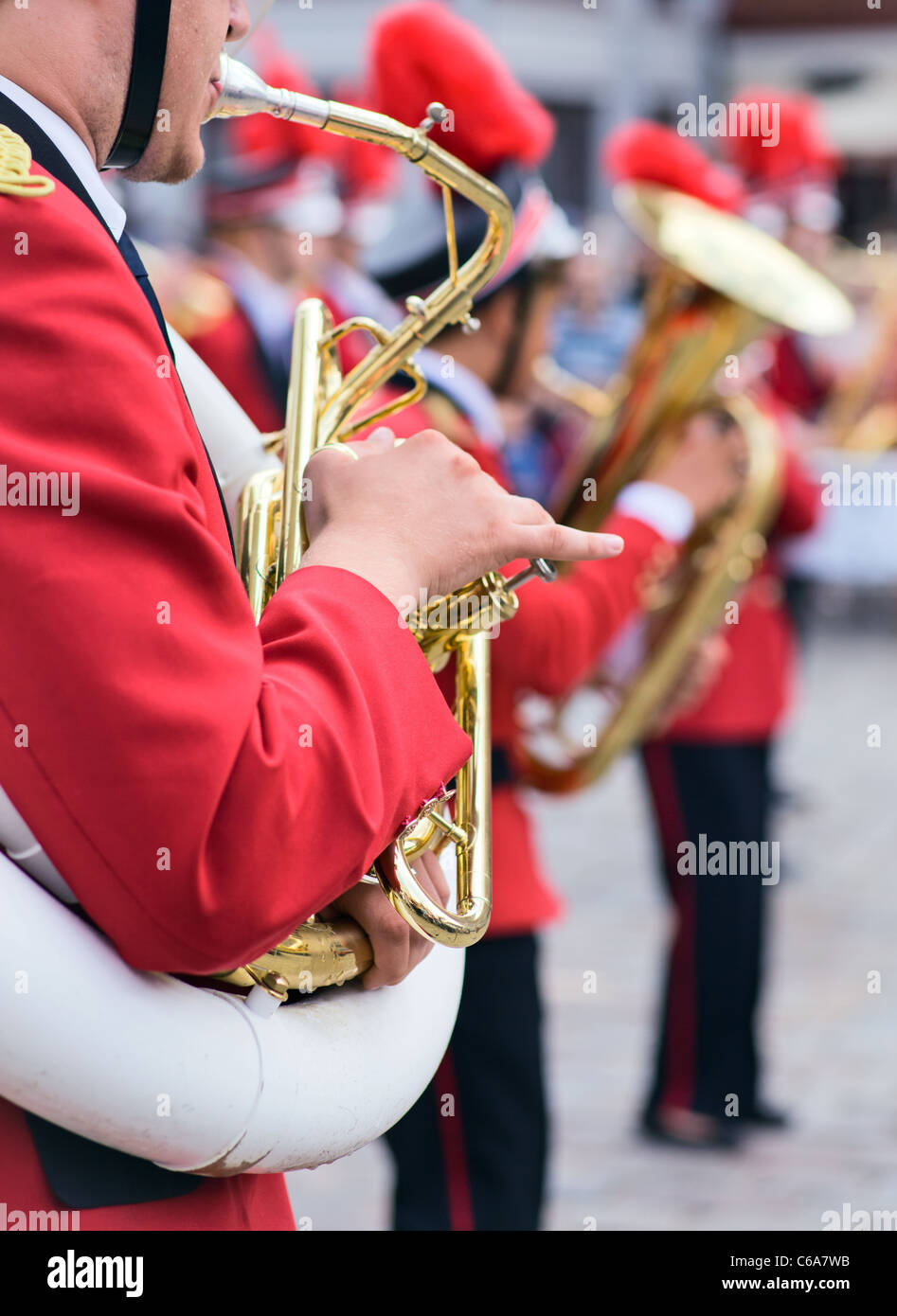 wind band in red uniform. Stock Photo