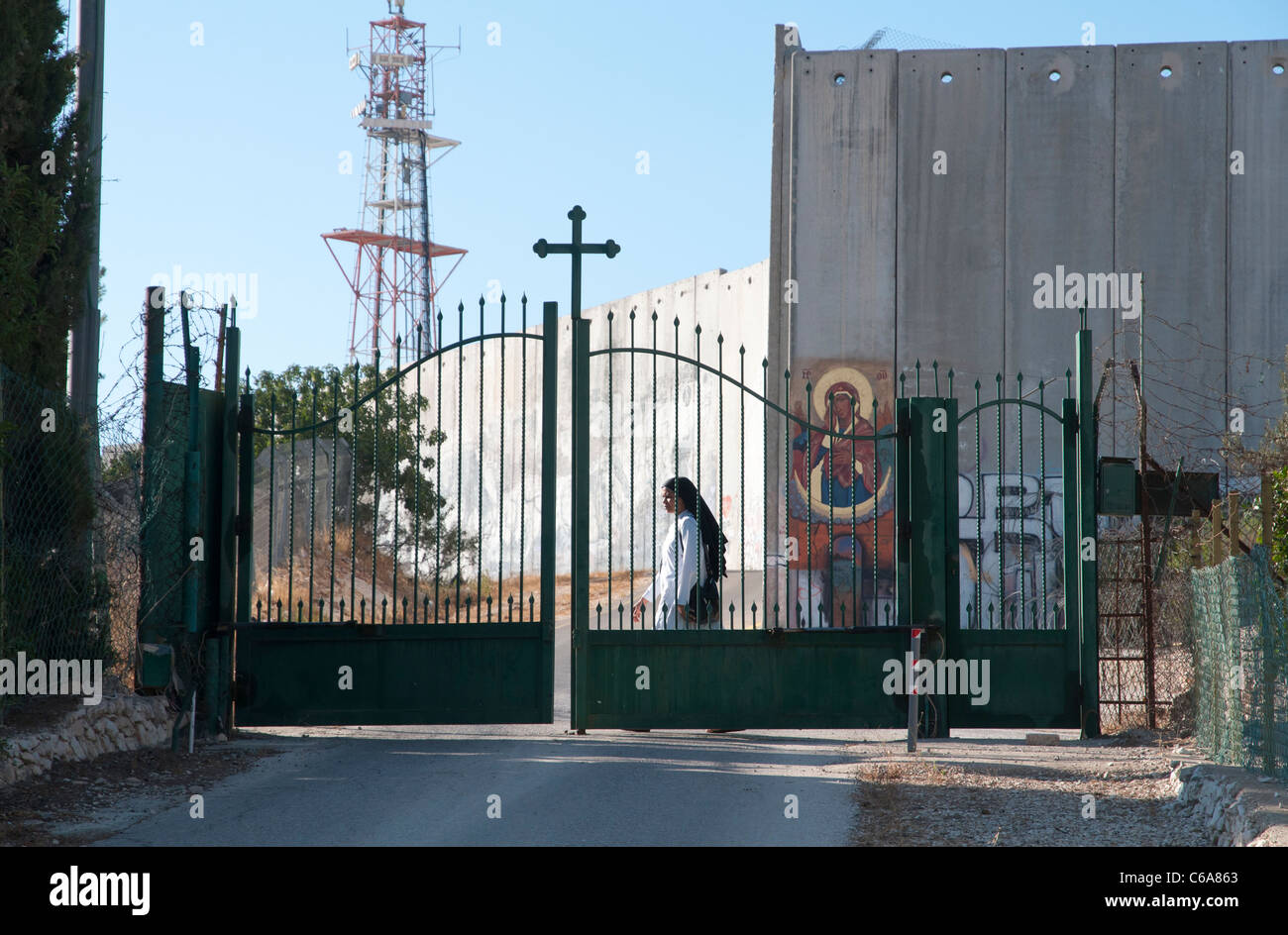 Christian icone painted on the Israeli security fence. Bethlehem. Palestinian Authority Stock Photo