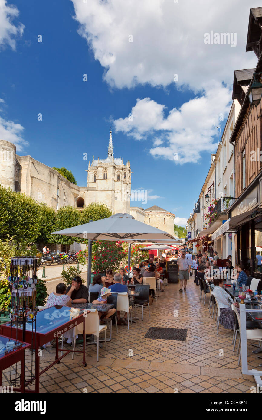 Loire valley - Street cafes in the square in Amboise town with the chateau behind, Amboise, Indre et Loire, France Stock Photo