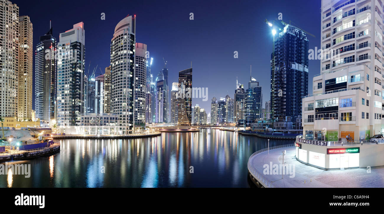 Spectacular skyline at night, Dubai Marina, Dubai, United Arab Emirates, Middle East Stock Photo