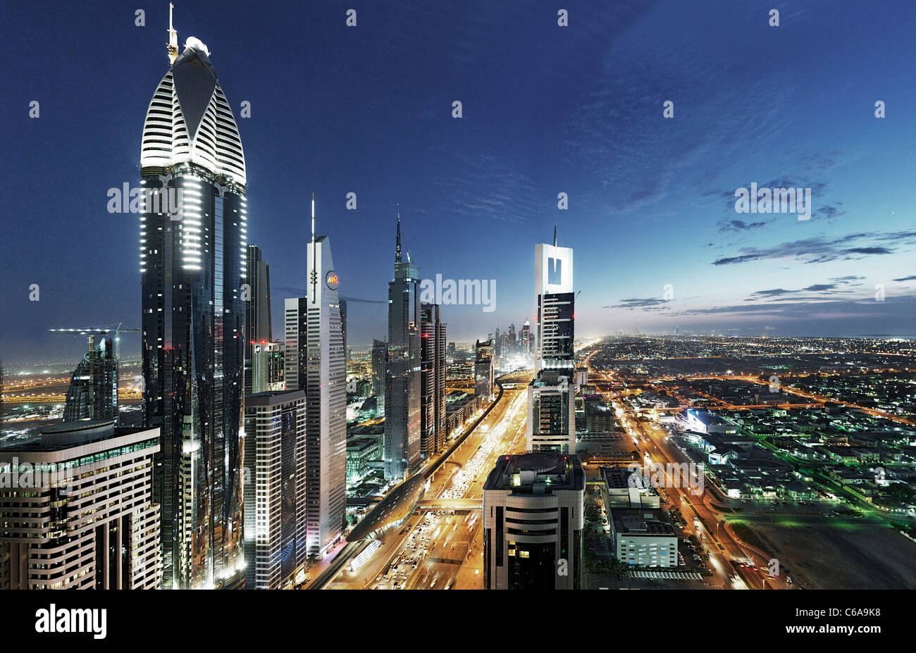 Evening at the Persian Gulf, traffic, city, downtown Dubai, Dubai, United Arab Emirates, Middle East Stock Photo