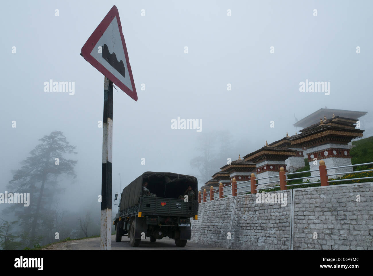 Mountain roads in Bhutan. military truck at dochu la pass. Stock Photo