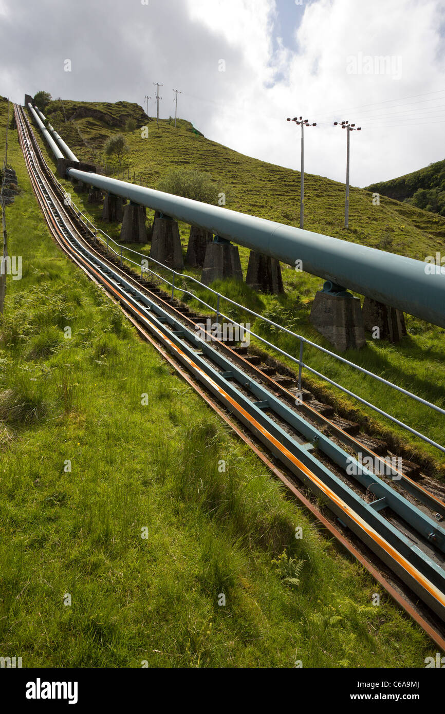 Water pipeline and railway at Storr Lochs Hydro-electric Power Station, Bearreraig Bay, Isle of Skye, Scotland, UK Stock Photo