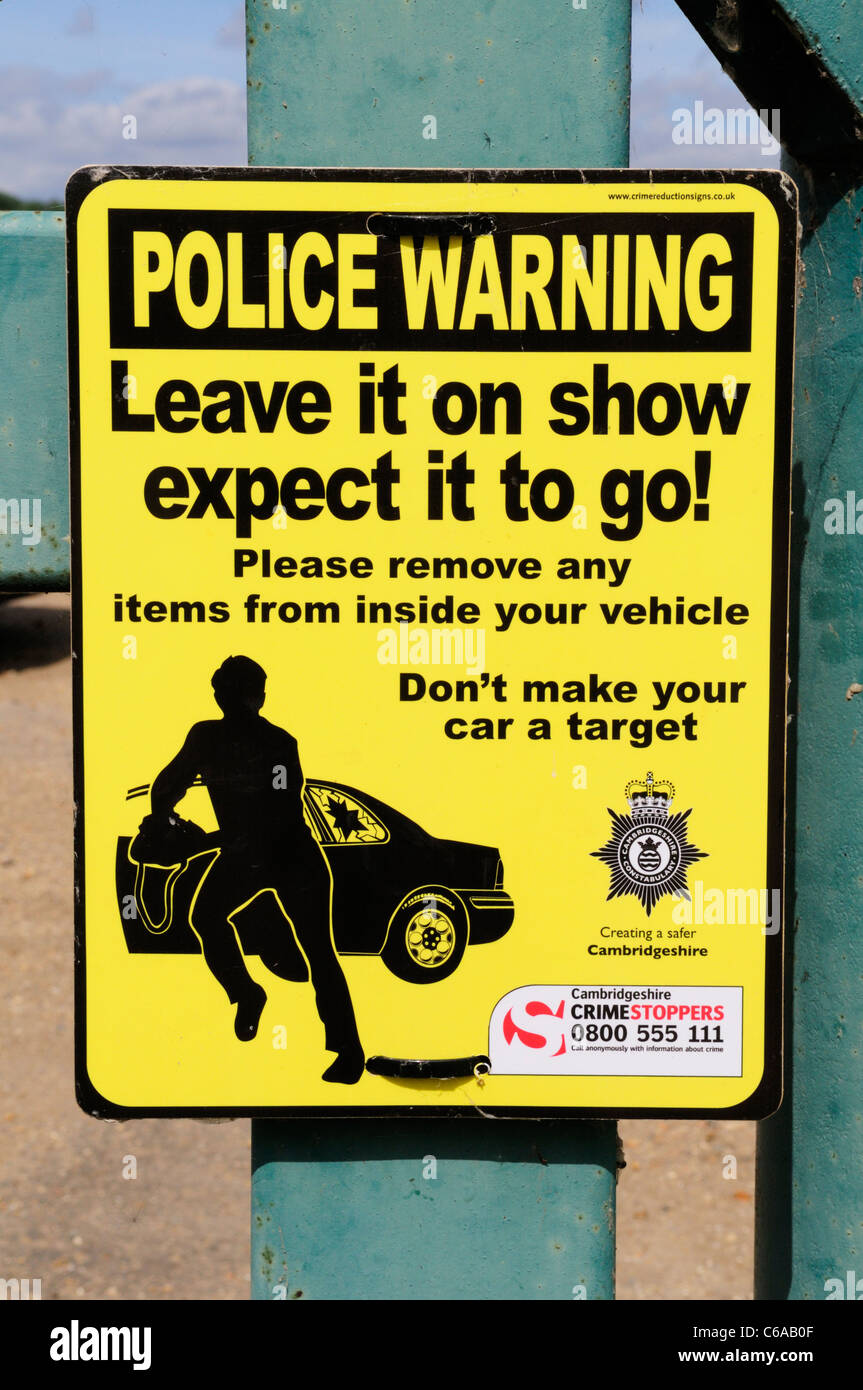 Police Warning against Theft from Vehicles, Fen Drayton RSPB Nature Reserve, Cambridgeshire, England, UK Stock Photo