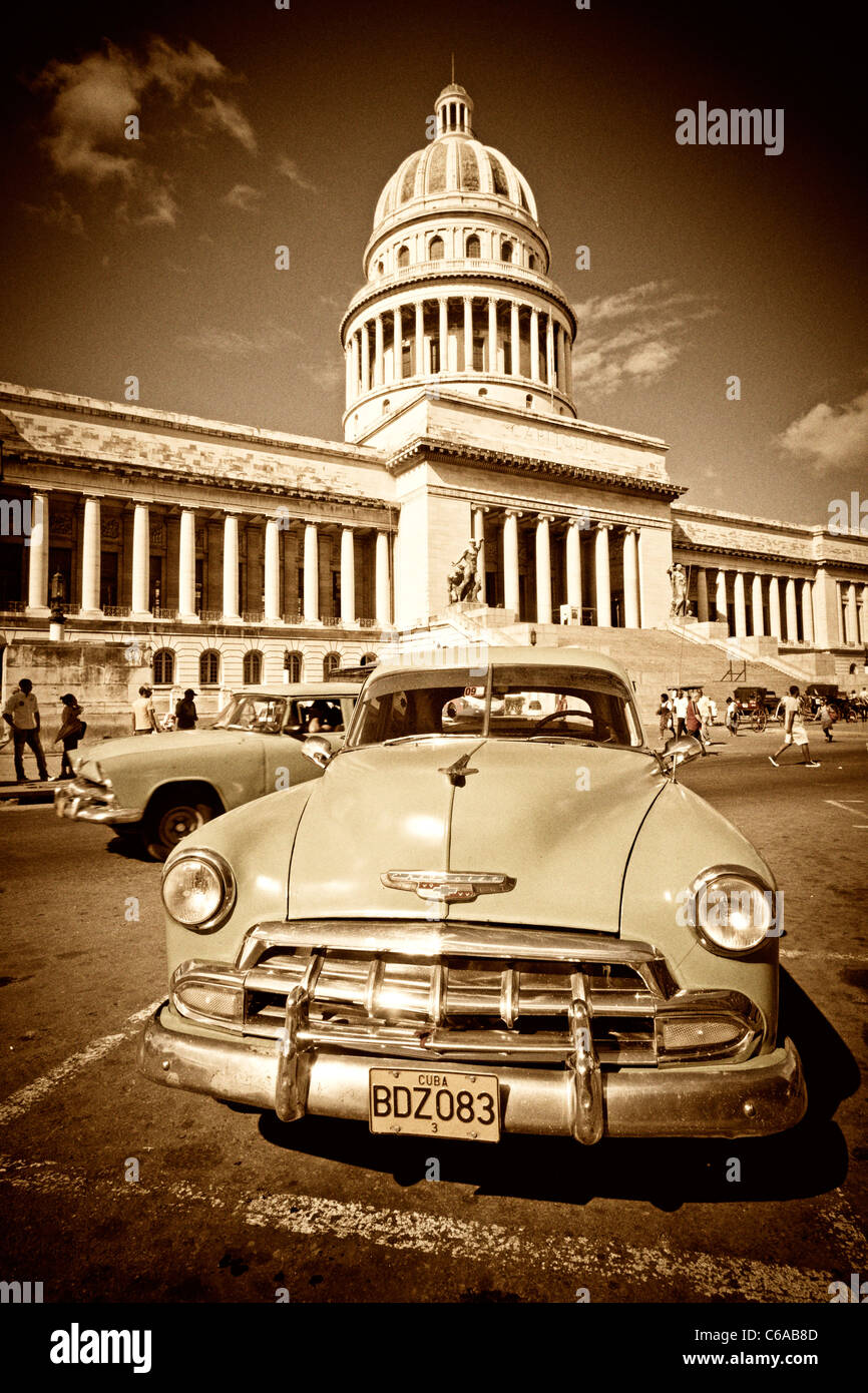 Oldtimer in front of Capitol in Havanna, Sepia,  Cuba Stock Photo