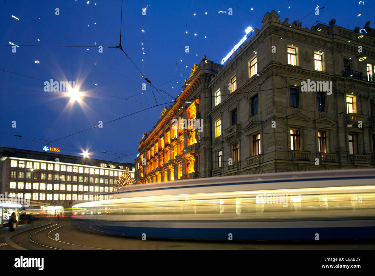 Switzerland, Zurich, credit suisse, bank UBS Bahnhofstrasse,Paradeplatz, Tram Stock Photo