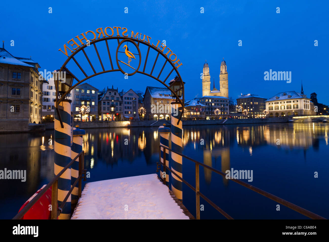 Switzerland,Zurich, old town center, river Limmat at night,Limmatquai