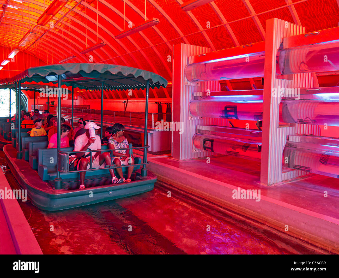 Tourists in a boat travel through fish farm at Disney World's Living