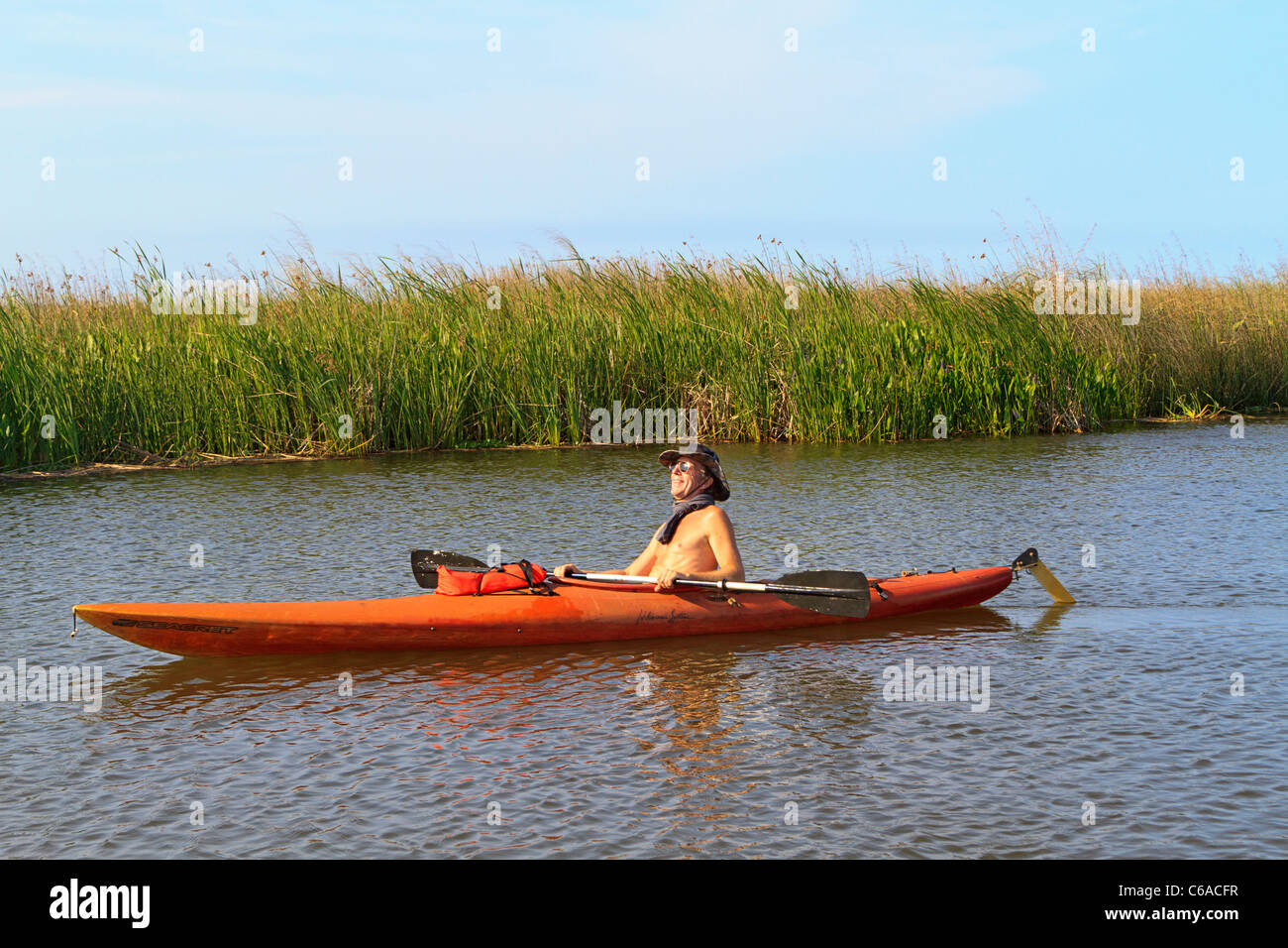 Man kayaks along the Apalachicola River at Apalachicola, Florida. Sea oats and sawgrass can be seen behind him. Stock Photo