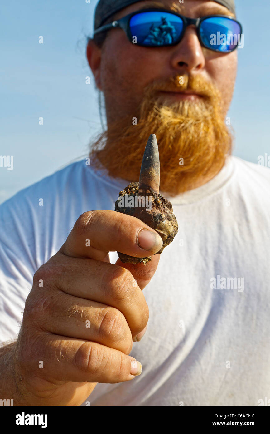 Oyster fisherman holds large bullet embedded in oyster shell. Stock Photo