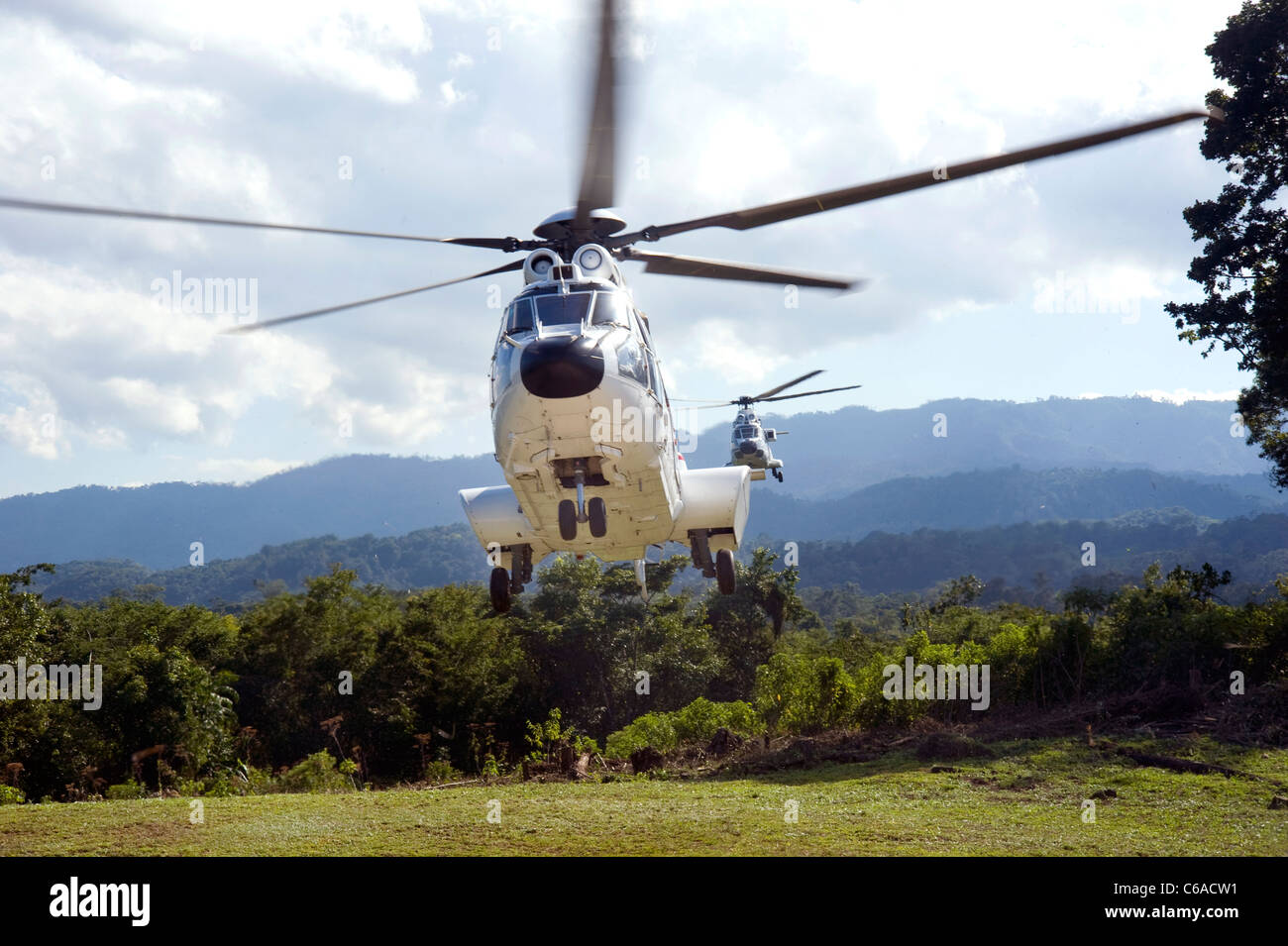 President Felipe Calderon's helicopter takes off from Metzabok, Mexico Stock Photo