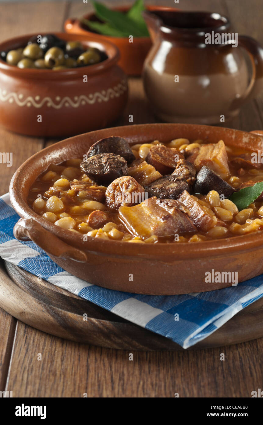 Fabada Asturiana. Spanish pork and bean stew. Stock Photo