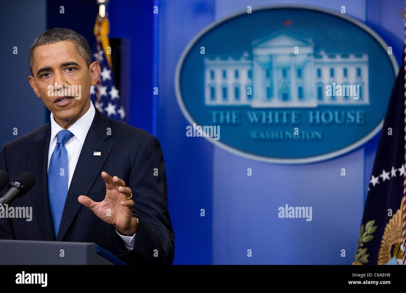 President Barack Obama speaks to the Press in the White House Press Briefing Room.  Stock Photo