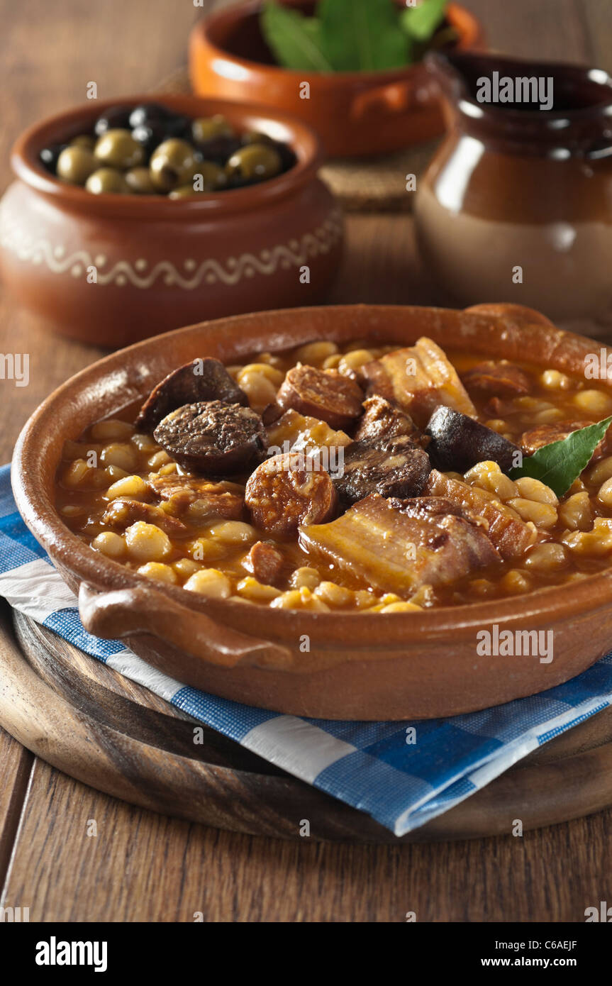 Fabada Asturiana. Spanish pork and bean stew. Stock Photo