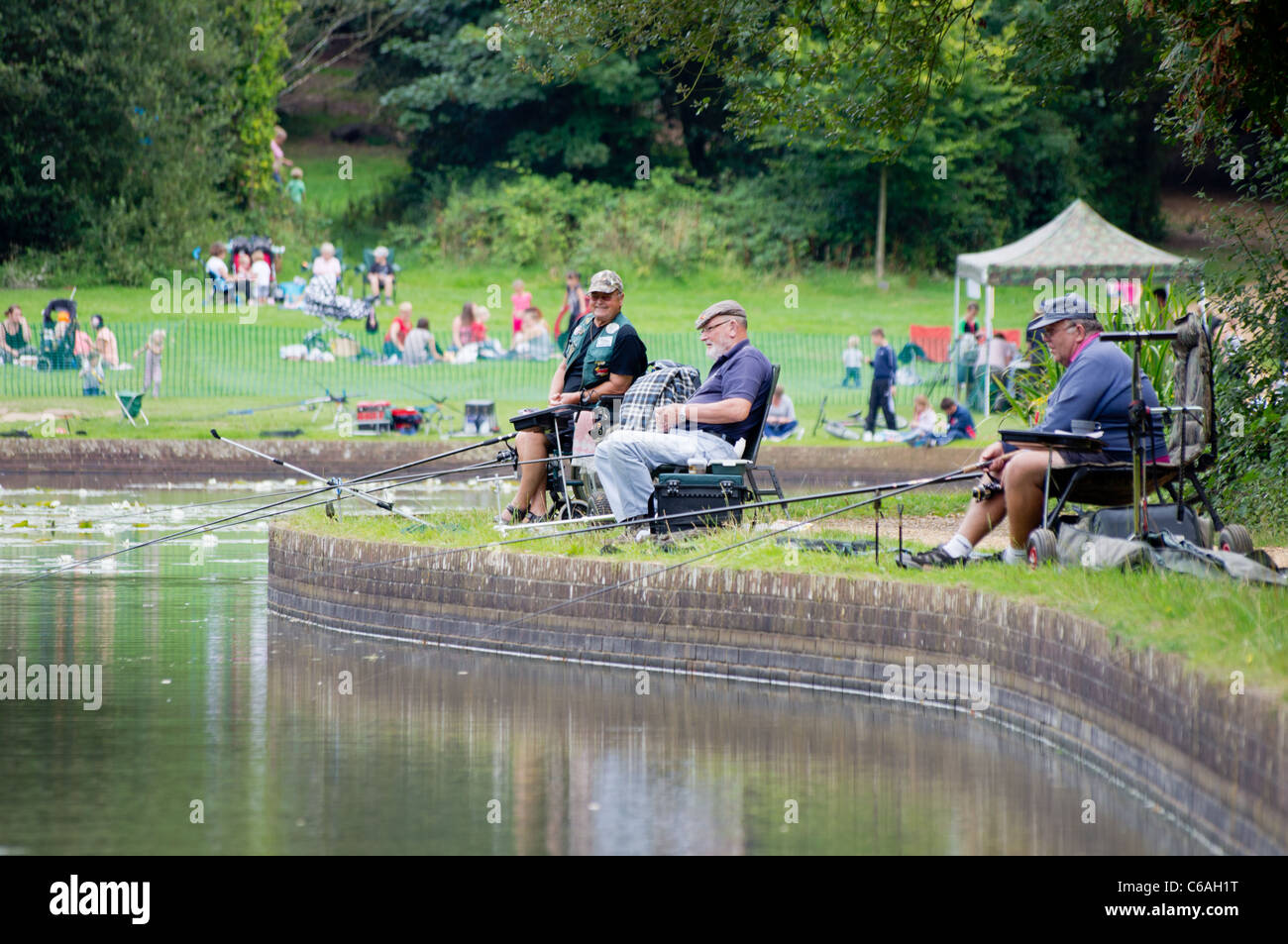 Three elderly gentlemen enjoy a summer afternoon fishing at a lake whilst families picnic nearby. Stock Photo