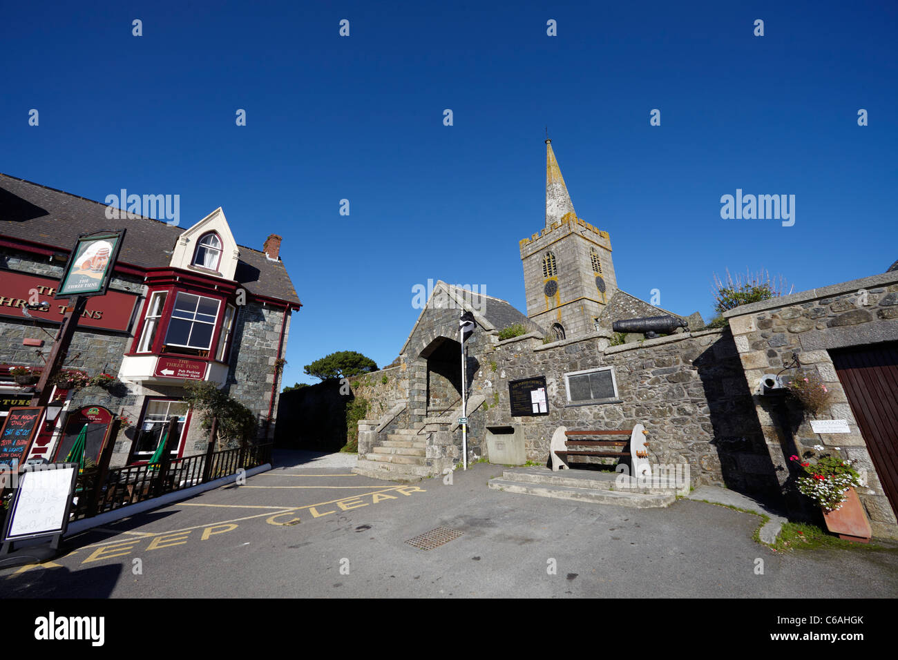 Village square and the church of St.Keverne, Lizard Peninsula, Cornwall, UK Stock Photo