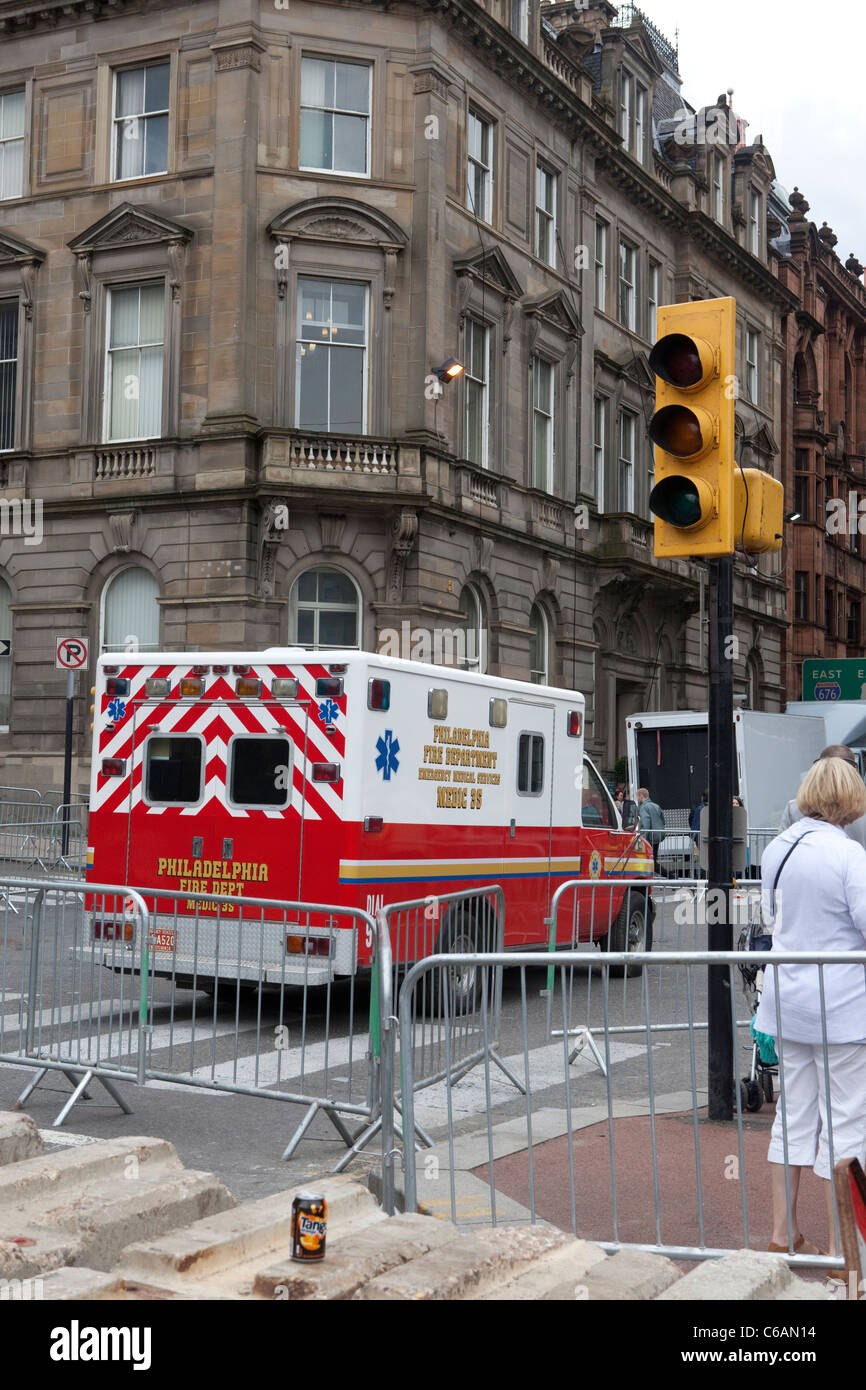 Ambulance at George Square, Glasgow. The set of World War Z. Stock Photo