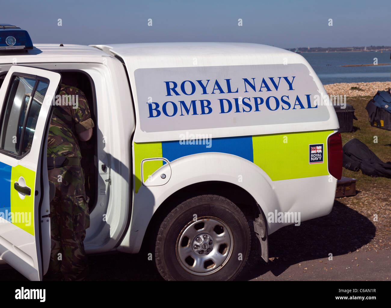 Royal Navy Bomb Disposal vehicle van emergency response diffuse make safe blow up professional army trained secure security dive Stock Photo