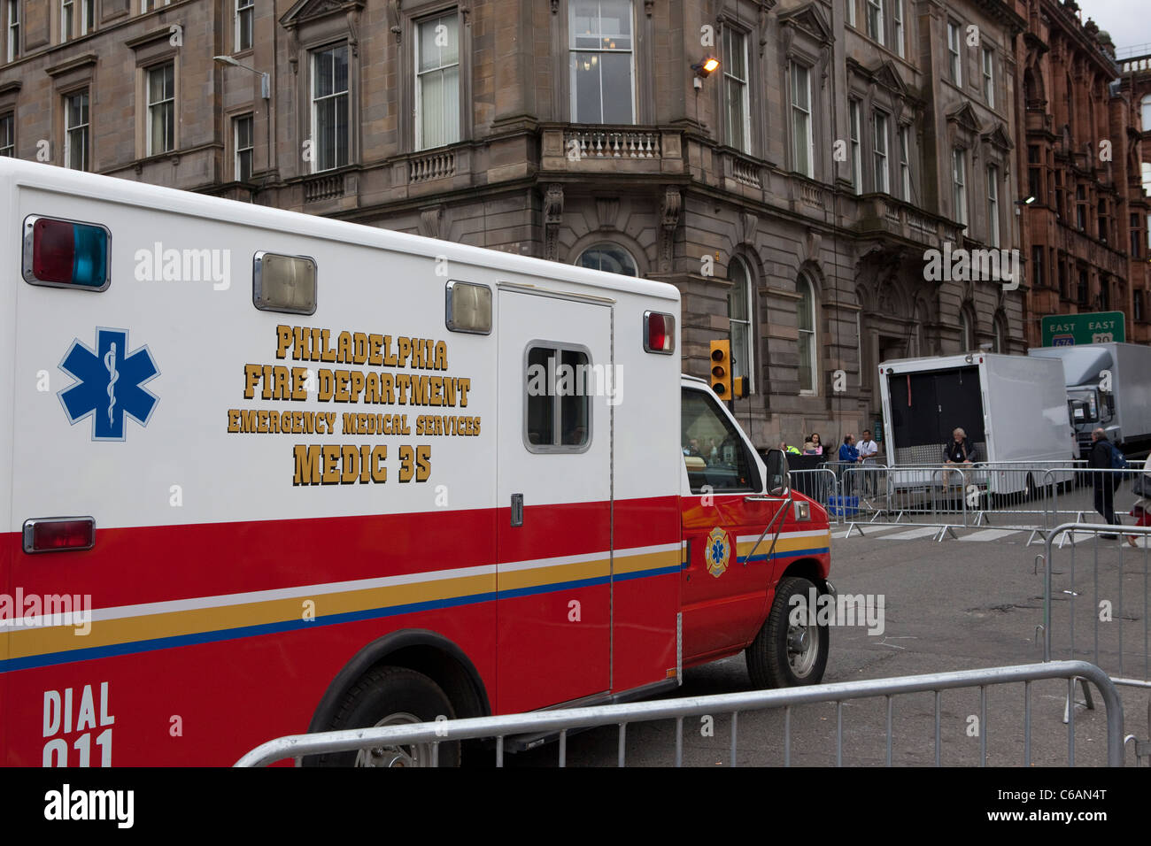 Ambulance at George Square, Glasgow. The set of World War Z. Stock Photo