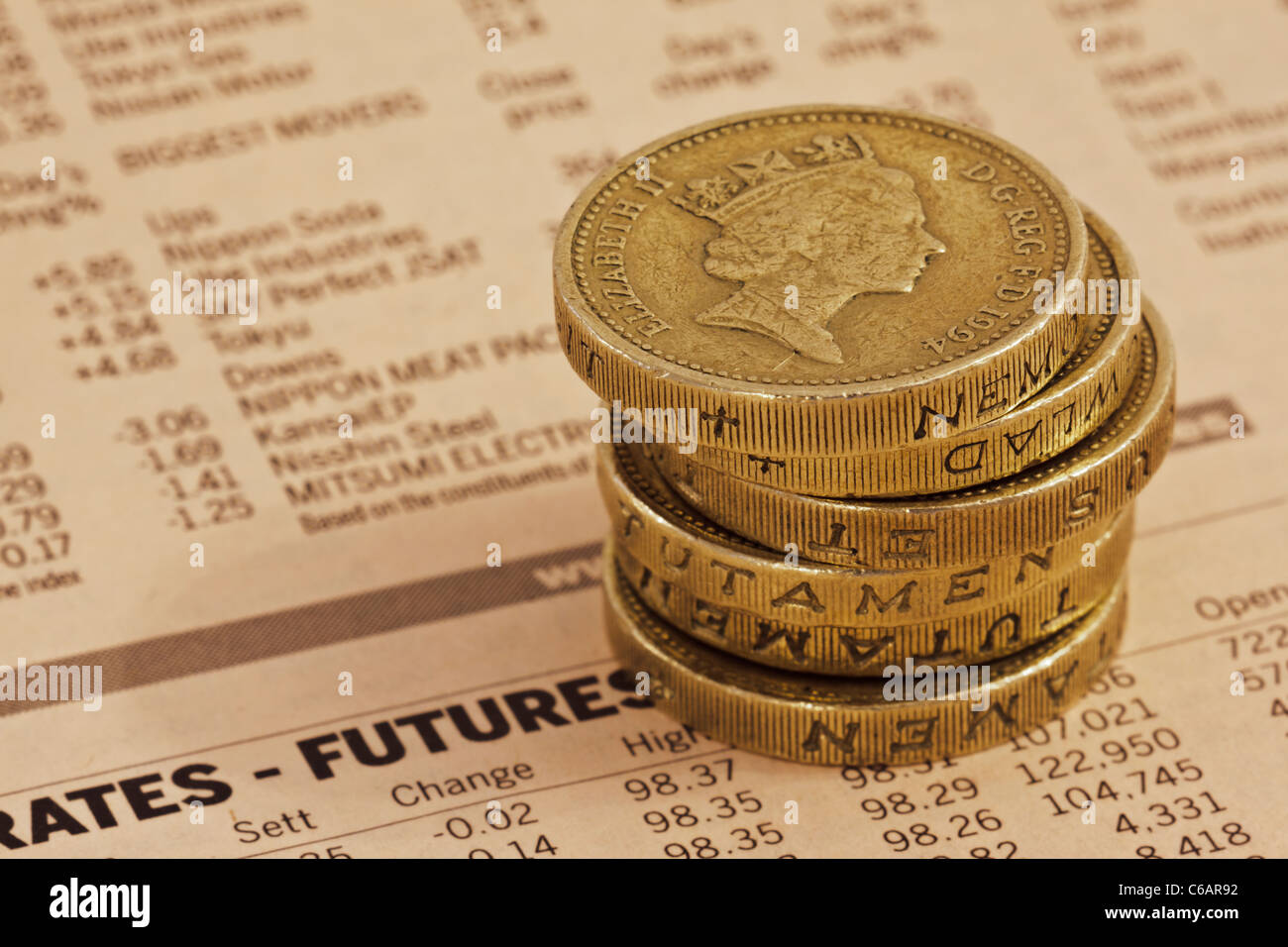 Stack of UK pound coins Stock Photo