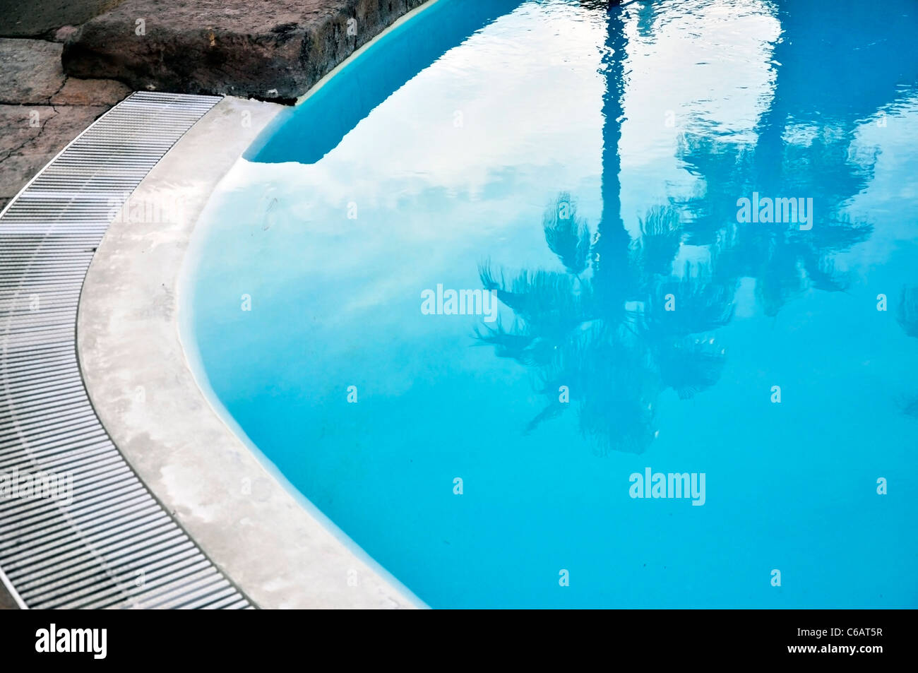 Reflection of Palmtrees in a warm and shallow swimming pool Stock Photo