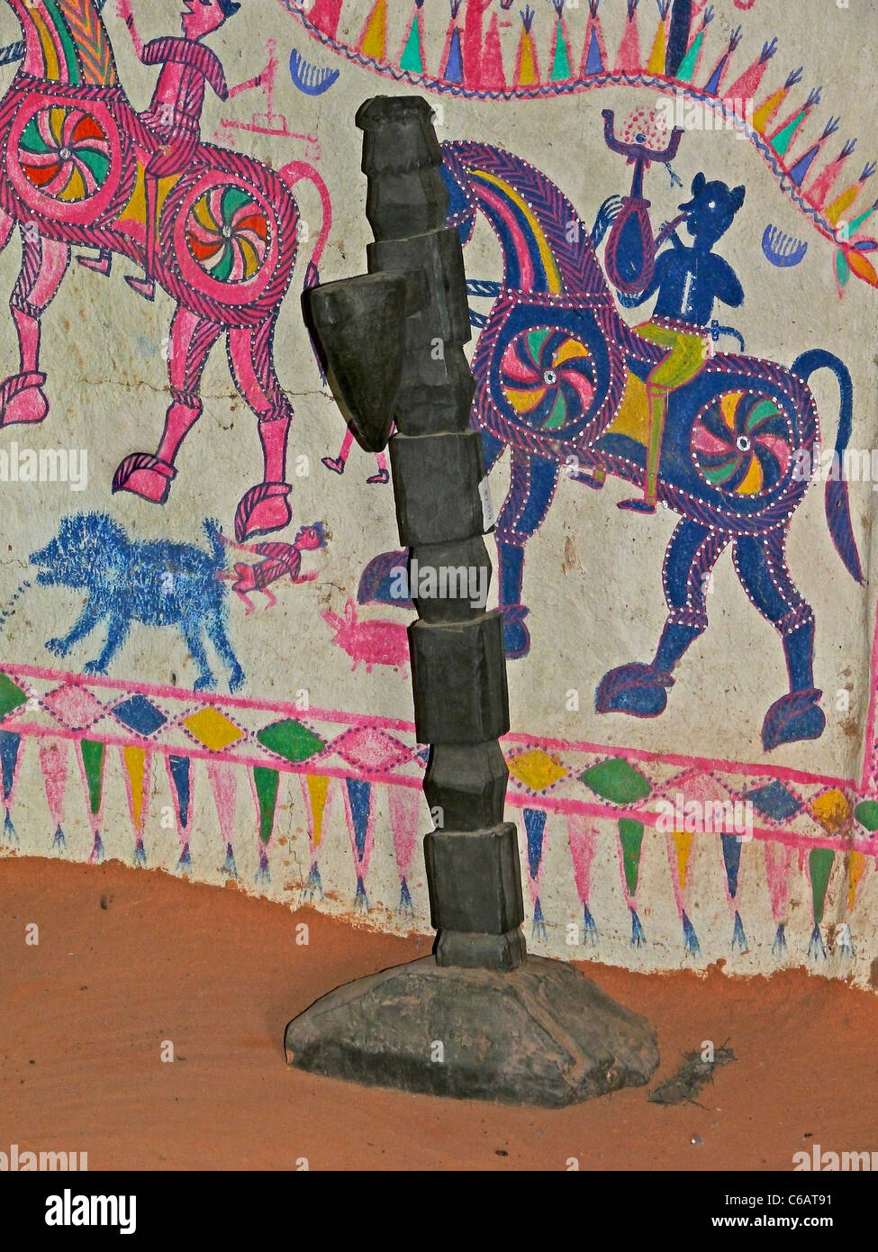 Antique wooden oil lamp displayed in a museum, Madhya pradesh, India