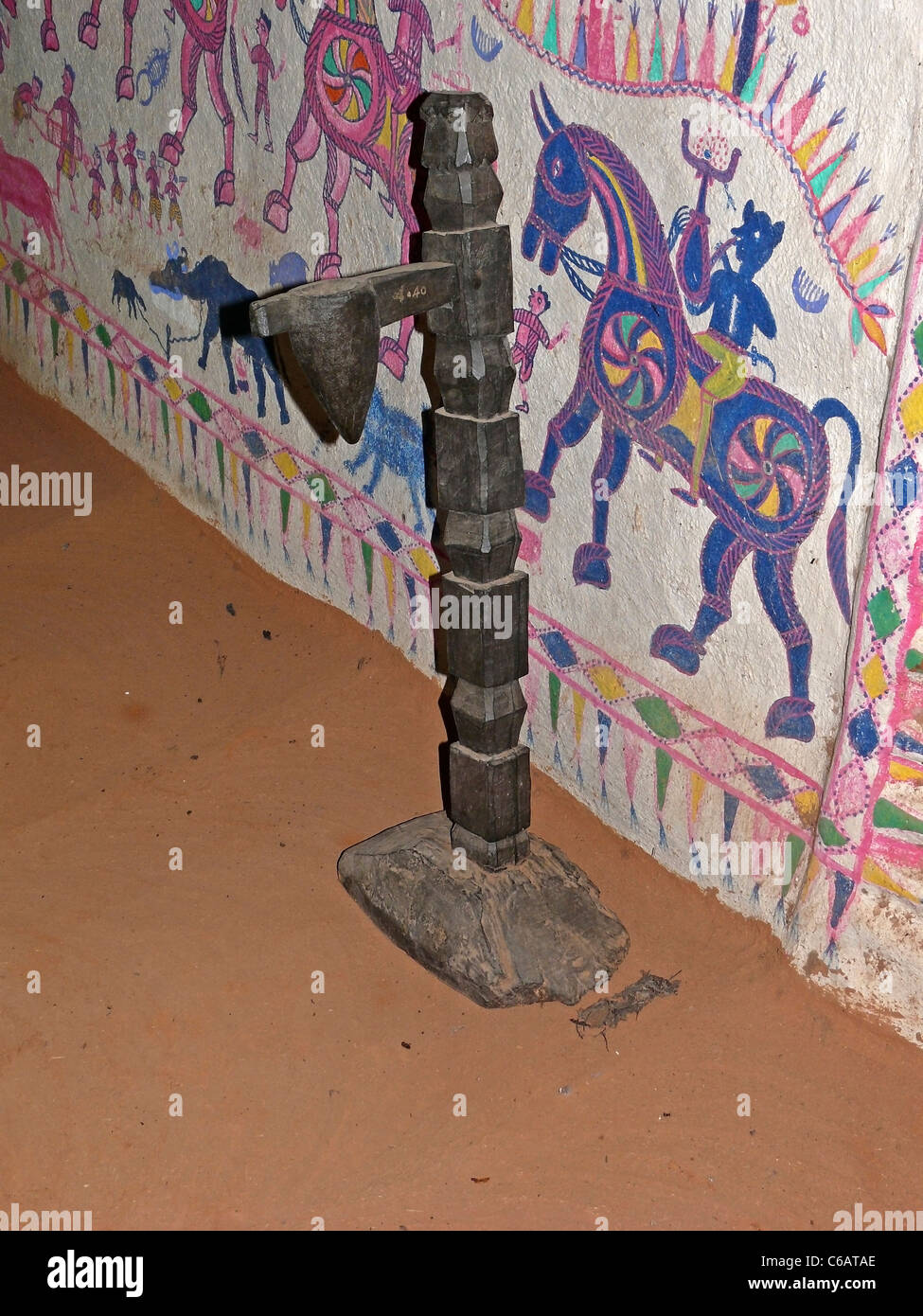 Antique wooden oil lamp displayed in a museum, Madhya pradesh, India