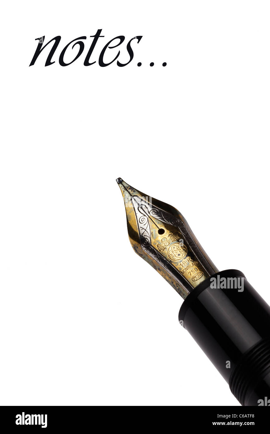 Fountain pen nib on white background with the word 'notes' in italic