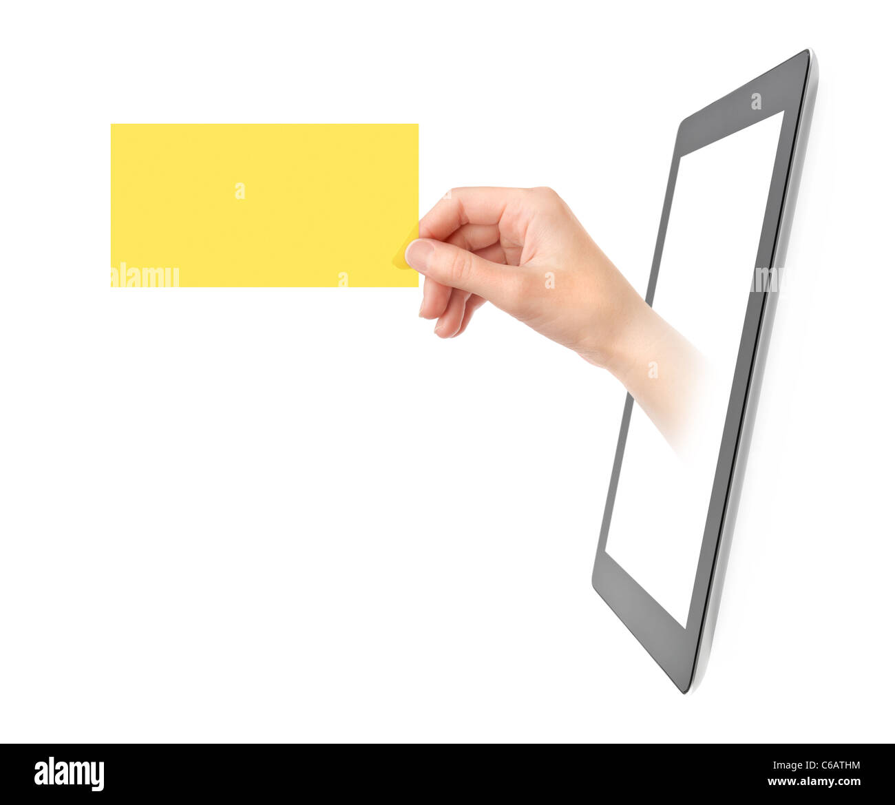 Female hand showing yellow translucent business card from blank digital tablet pc. Isolated on white. Stock Photo