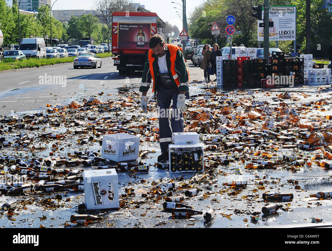 A Schultheiss beer truck lost 50 cases of beer at an intersection in Berlin-Lichtenberg. According to fire fighters who cleaned Stock Photo