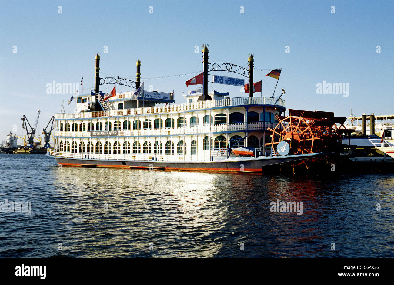 Sternwheeler Louisiana Star in the port of Hamburg. Stock Photo