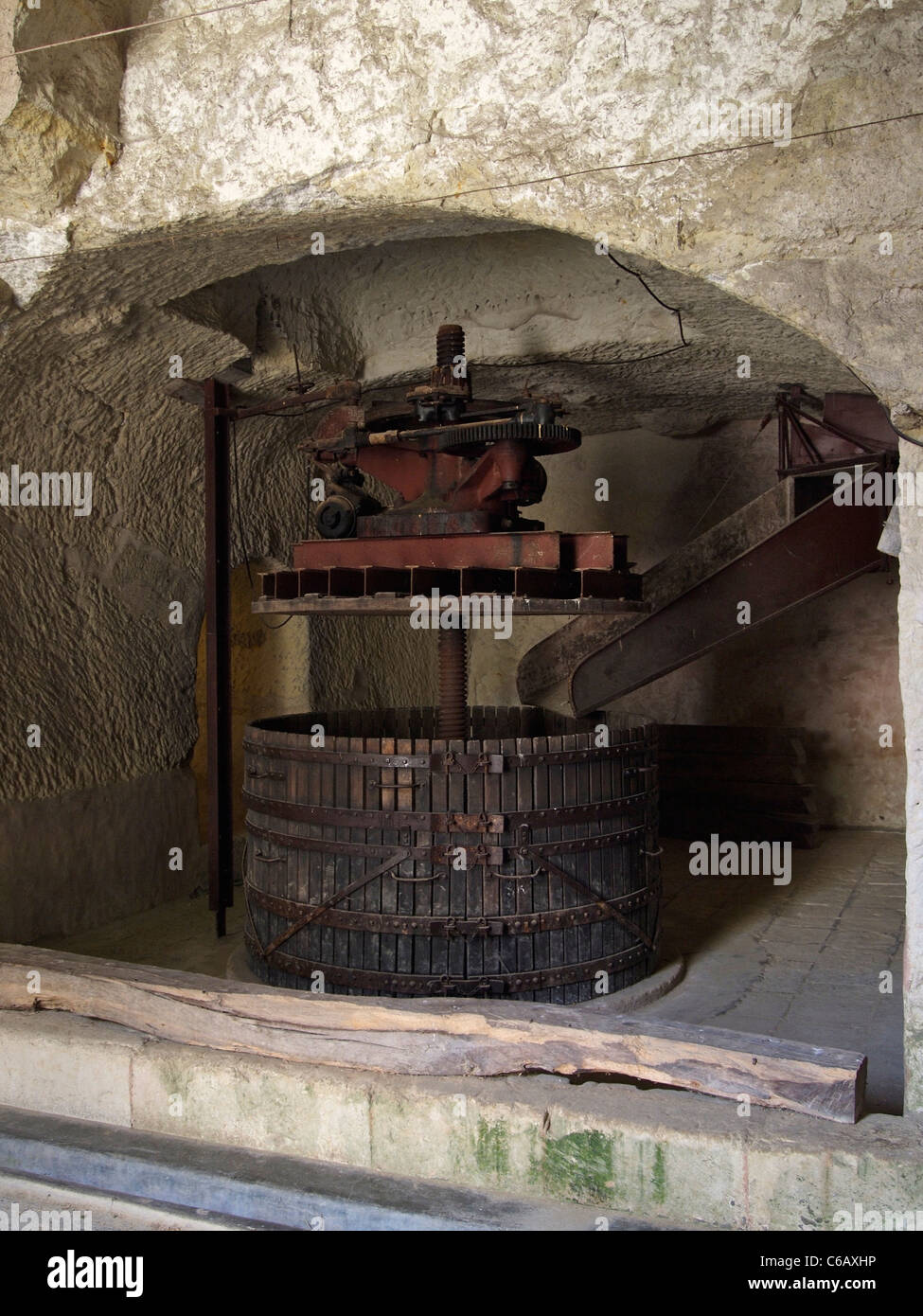 The Chateau de Brézé has an underground grape-press directly under the vineyards. Loire valley, France. It was used until 1976. Stock Photo