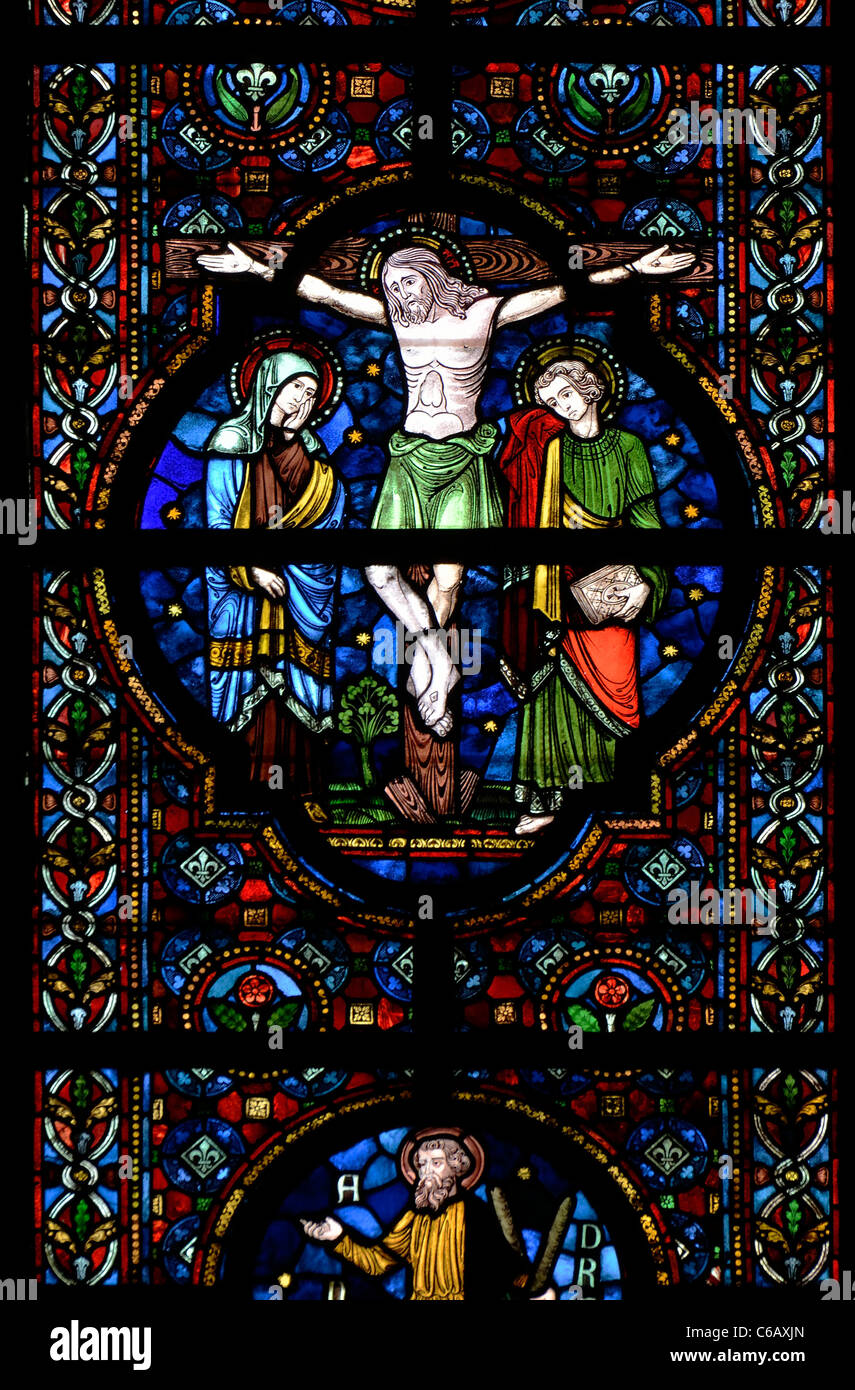 Dinant, Belgium. Eglise Notre-Dame. Stained glass window. Crucifixion ...