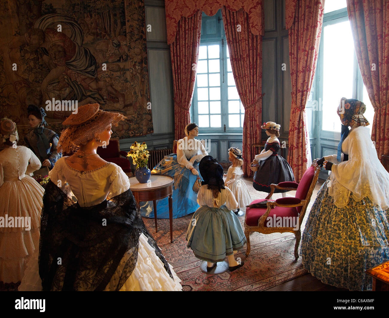 the Chateau de Ussé castle has a large collection of historic clothes and costumes on display. Loire valley, France Stock Photo