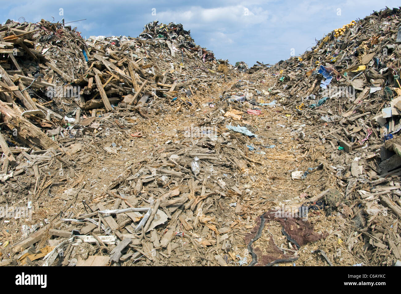 'gomi yama “trash (debris) mountain” just outside the town of Taro. It was Stock Photo