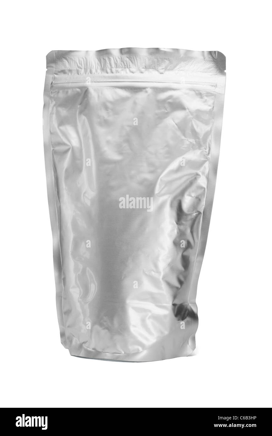 Sealed aluminum bag standing on white background Stock Photo