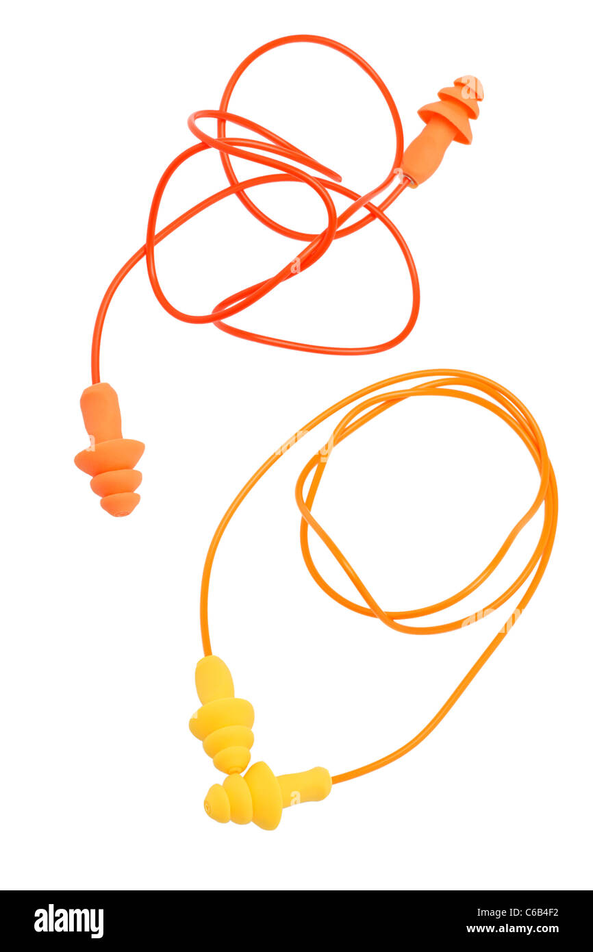 Two pairs of rubber earplugs on white background Stock Photo