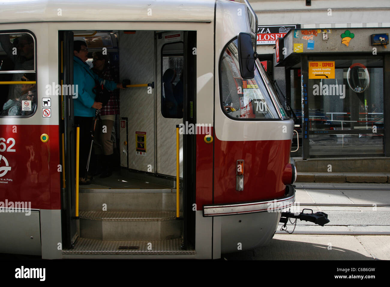 A stopping tram in Prague, Czech Republic Stock Photo