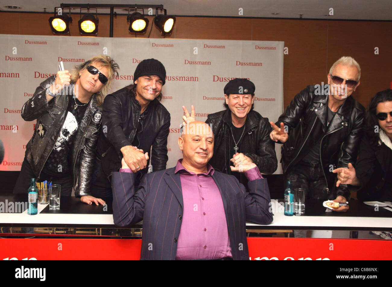 James Kottak, Matthias Jabs, Klaus Meine and Rudolph Schenker, Pawel Maciwoda and Mario Hempel (front) at the launch of the Stock Photo