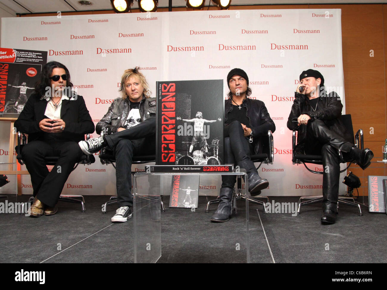 Pawel Maciwoda, James Kottak, Matthias Jabs and Klaus Meine at the launch of the book 'Rock'n'Roll Forever - Scorpions' at Stock Photo