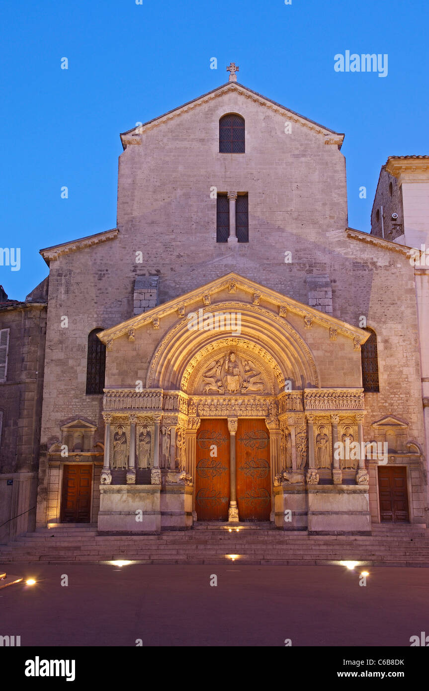 Saint Trophime cathedral at Place de la Republique at Dusk. Arles. Bouches du Rhone. Provence. France Stock Photo