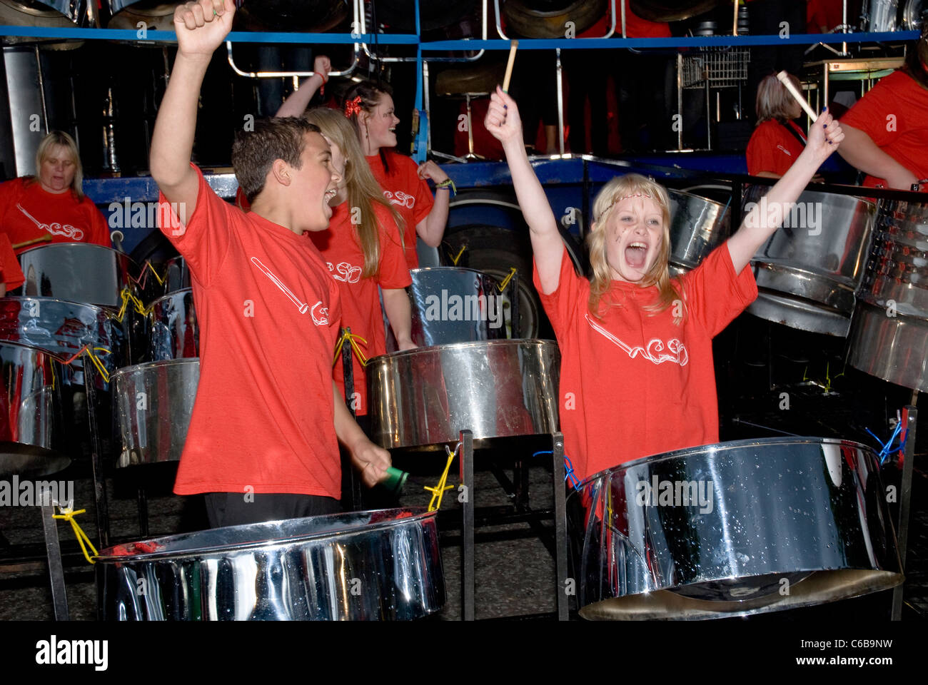 Band member s from Croydon Steel Orchestra playing steel drum at