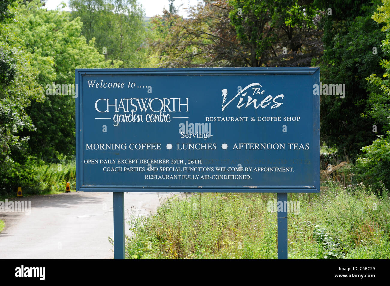 chatsworth garden centre sign and the vines restaurant and coffee shop derbyshire england uk Stock Photo