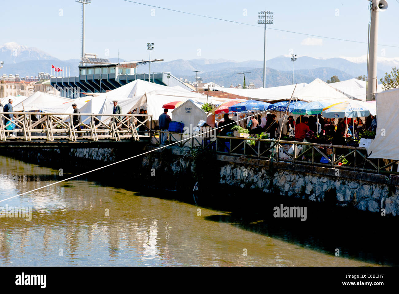 Fethiye,Harbour,Paspatur Market,Paspatur,Stream,River,Gulets,Luxury Yachts, Sailing,Cruising Area,Snow capped Mountains,Turkey Stock Photo