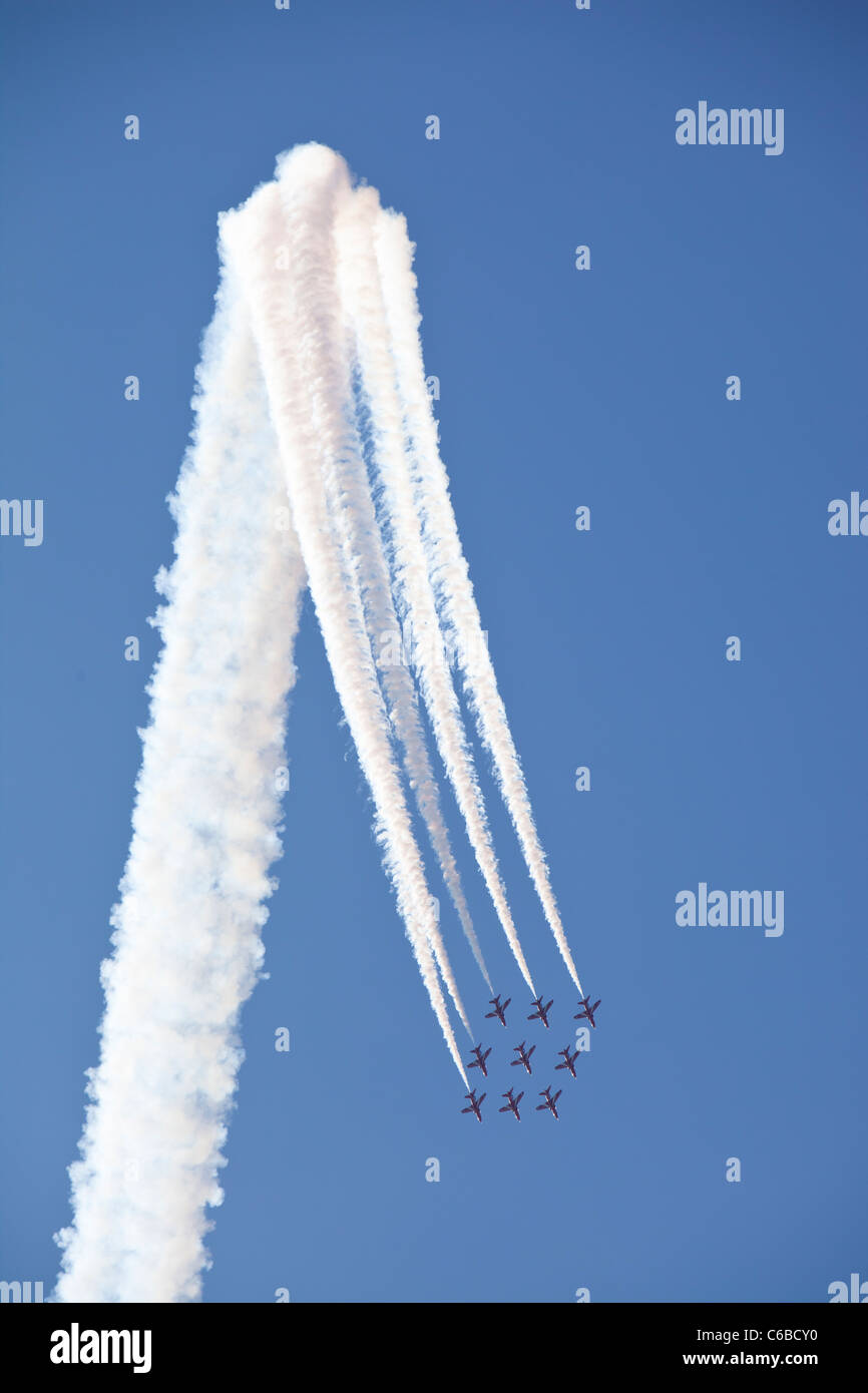 The RAF, REd Arrows flying over the Lake District during the Windermere Air Show, UK. Stock Photo
