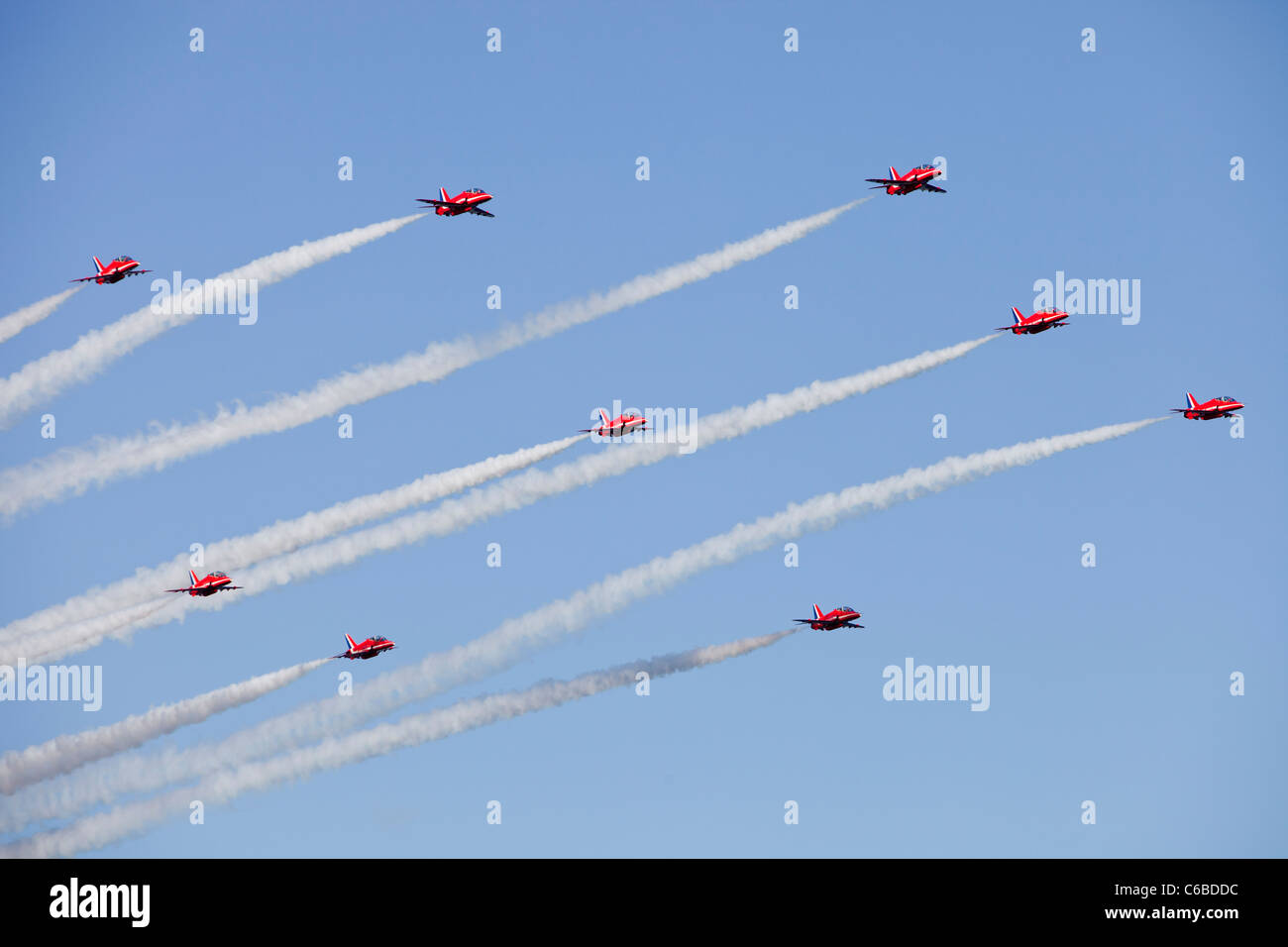 The RAF, REd Arrows flying over the Lake District during the Windermere Air Show, UK. Stock Photo