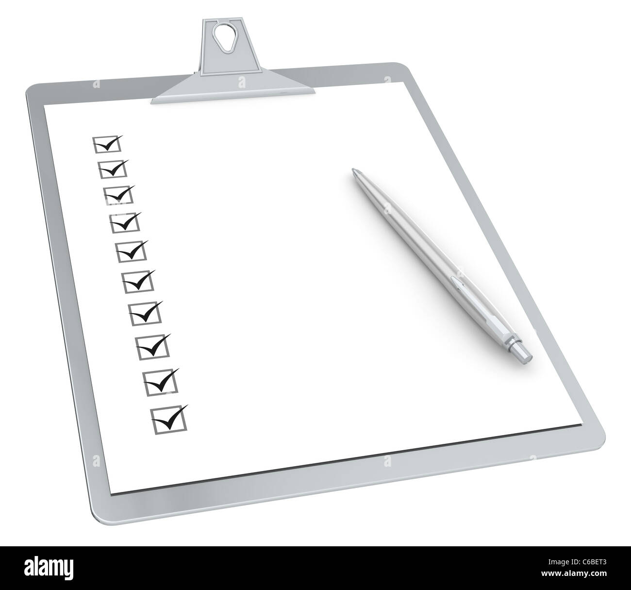 Clipboard with Checklist X 10 and Pen. Steel Edition Stock Photo